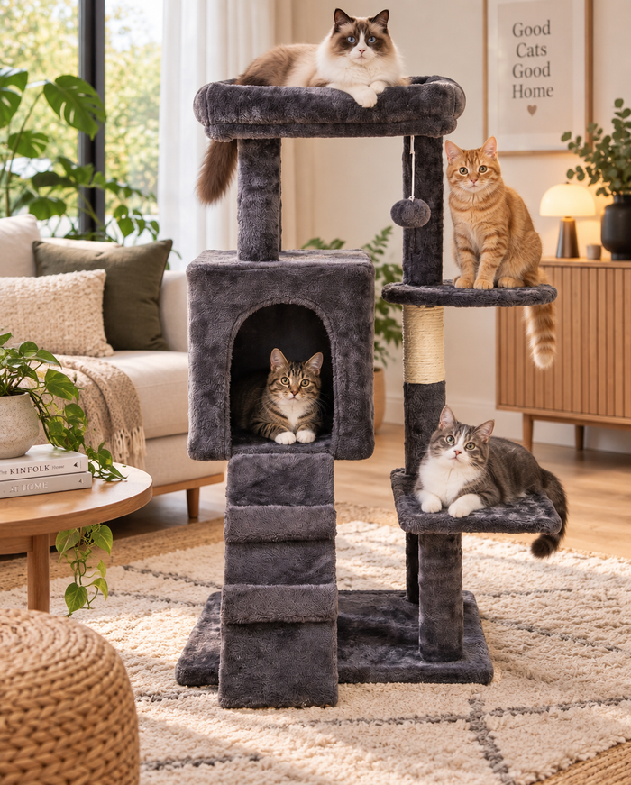 Donkergrijze Havena krabpaal met gesloten huisje en drie ligplekken, met katten erop in een woonkamer