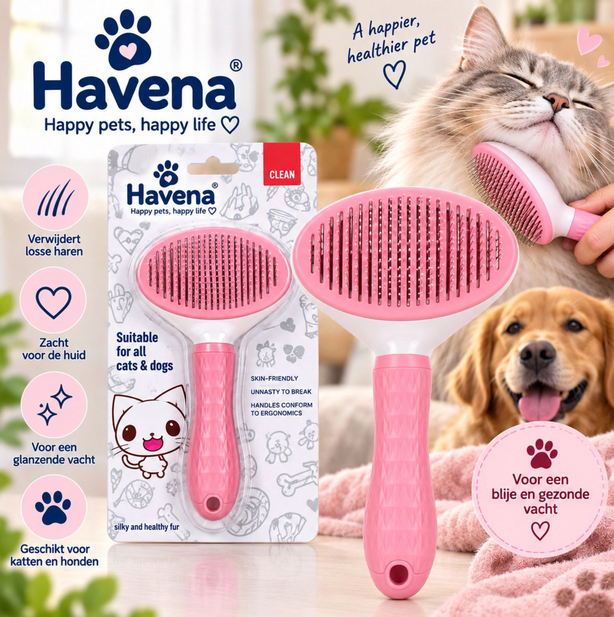 Havena kattenborstel roze voor losse haren