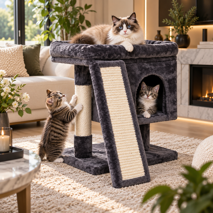 Donkergrijs Havena kattenhuis met schuine sisal krabhelling en ligplank, laag instapmodel